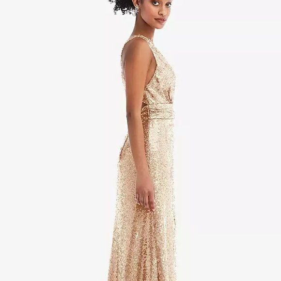 Open-Neck Criss Cross Back Sequin Maxi Dress..Dessy TH081...Rosegold...Size L - Picture 5 of 8